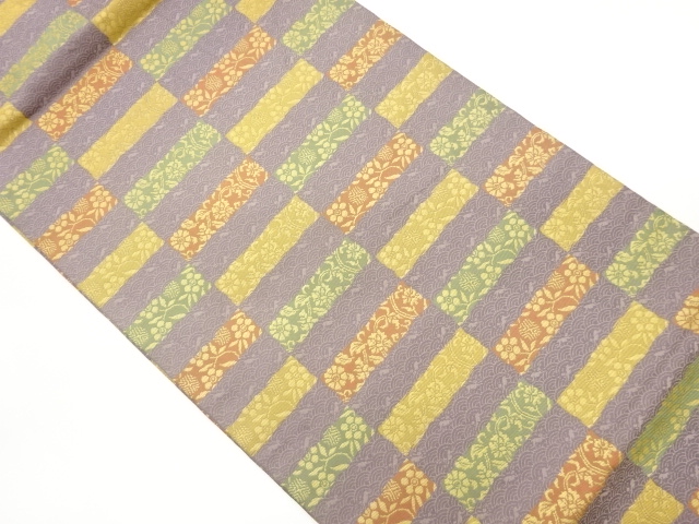 あらいそ製　縞・横段に青海波・花葉模様織出し開き名古屋帯（額縁仕立て）